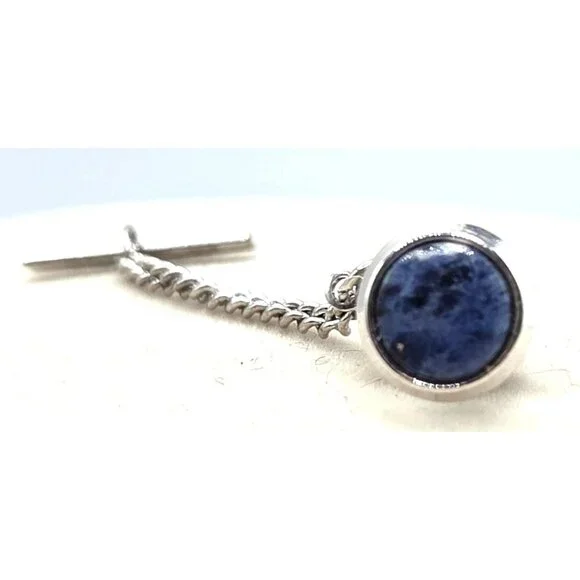 Silver Tone Tie Pin With Navy Blue Marbled Center Stone - Picture 1 of 2